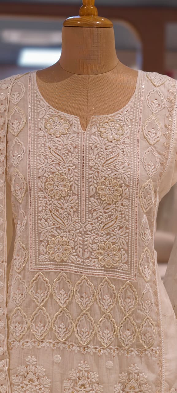 Chikankari Pure Thread Embroidered Decent Tone Full Suit Set With Dupatta In Mul Chanderi Fabric-14250