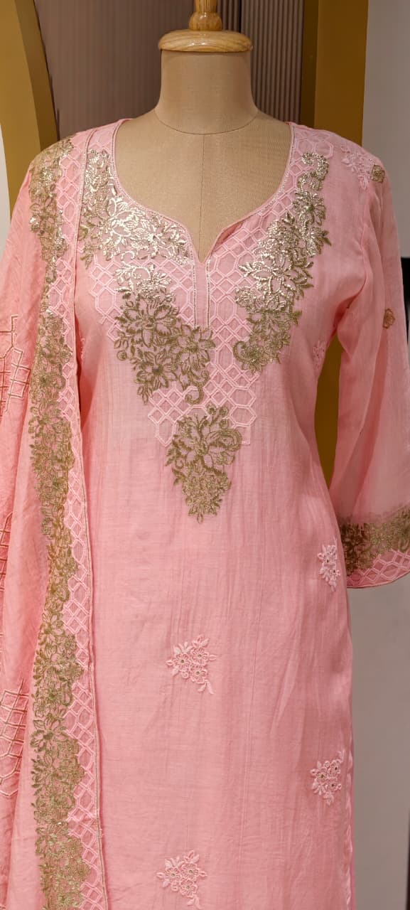 Blush Gold Scallop-Neck Powder Pink Full Suit Set With Dupatta In Mul Chanderi Fabric- 14251