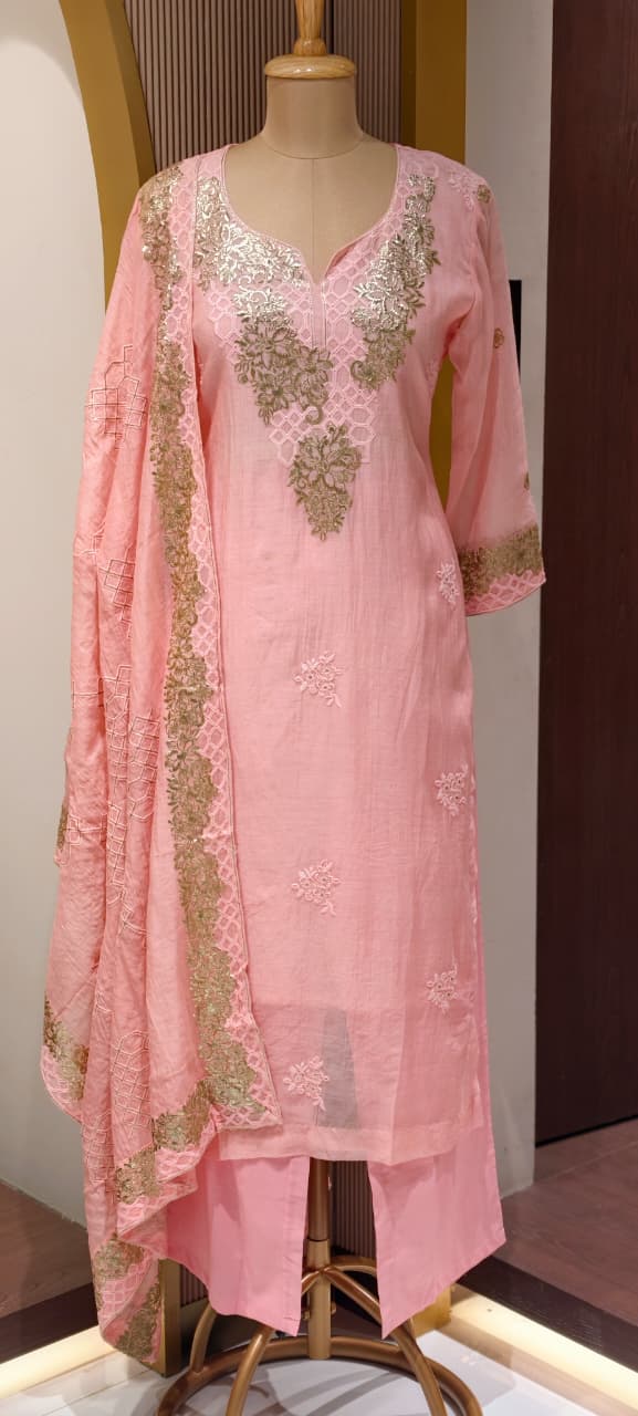 Blush Gold Scallop-Neck Powder Pink Full Suit Set With Dupatta In Mul Chanderi Fabric- 14251