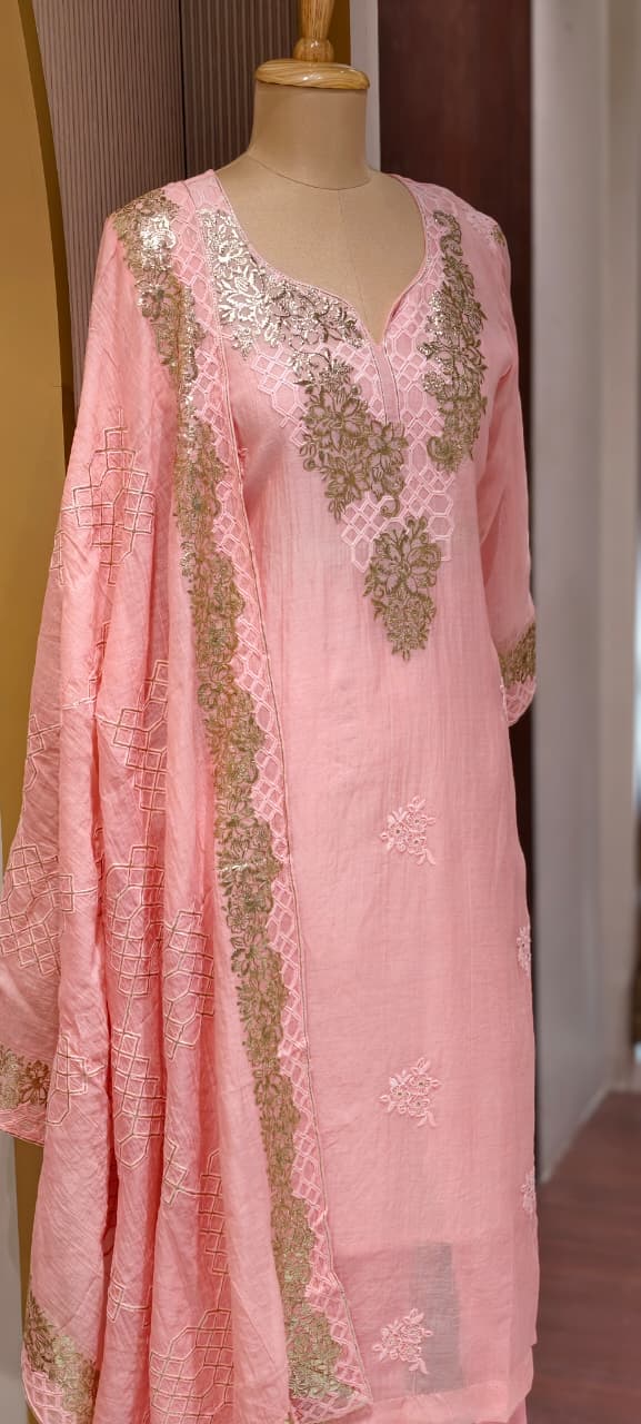 Blush Gold Scallop-Neck Powder Pink Full Suit Set With Dupatta In Mul Chanderi Fabric- 14251