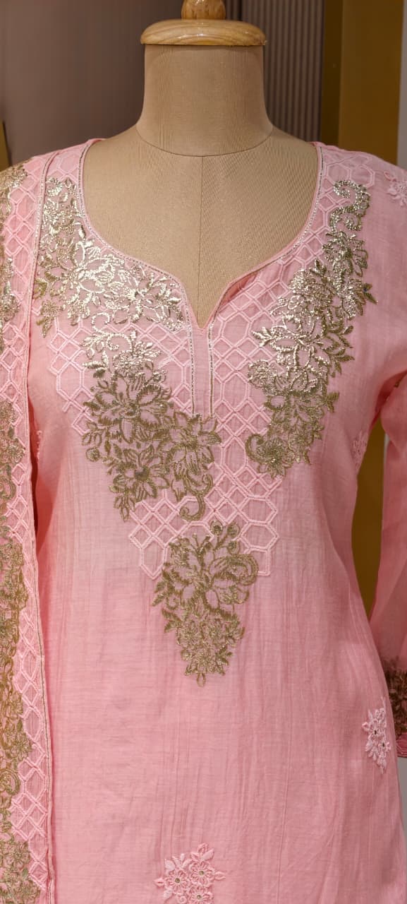 Blush Gold Scallop-Neck Powder Pink Full Suit Set With Dupatta In Mul Chanderi Fabric- 14251