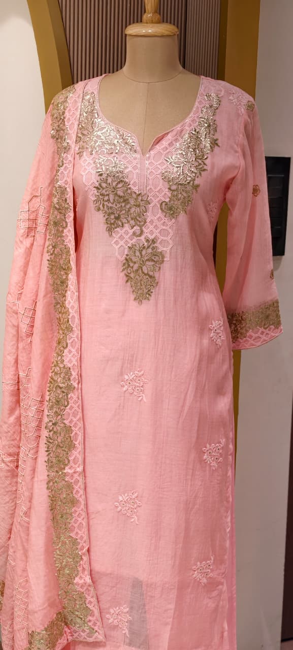 Blush Gold Scallop-Neck Powder Pink Full Suit Set With Dupatta In Mul Chanderi Fabric- 14251