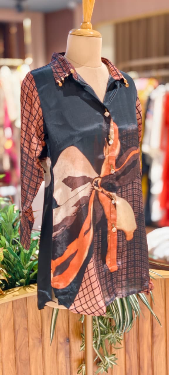 Classy Print Stunning Casual Crepe Shirt With Stylish Button & Coin Tassel-14381,87,82 W136