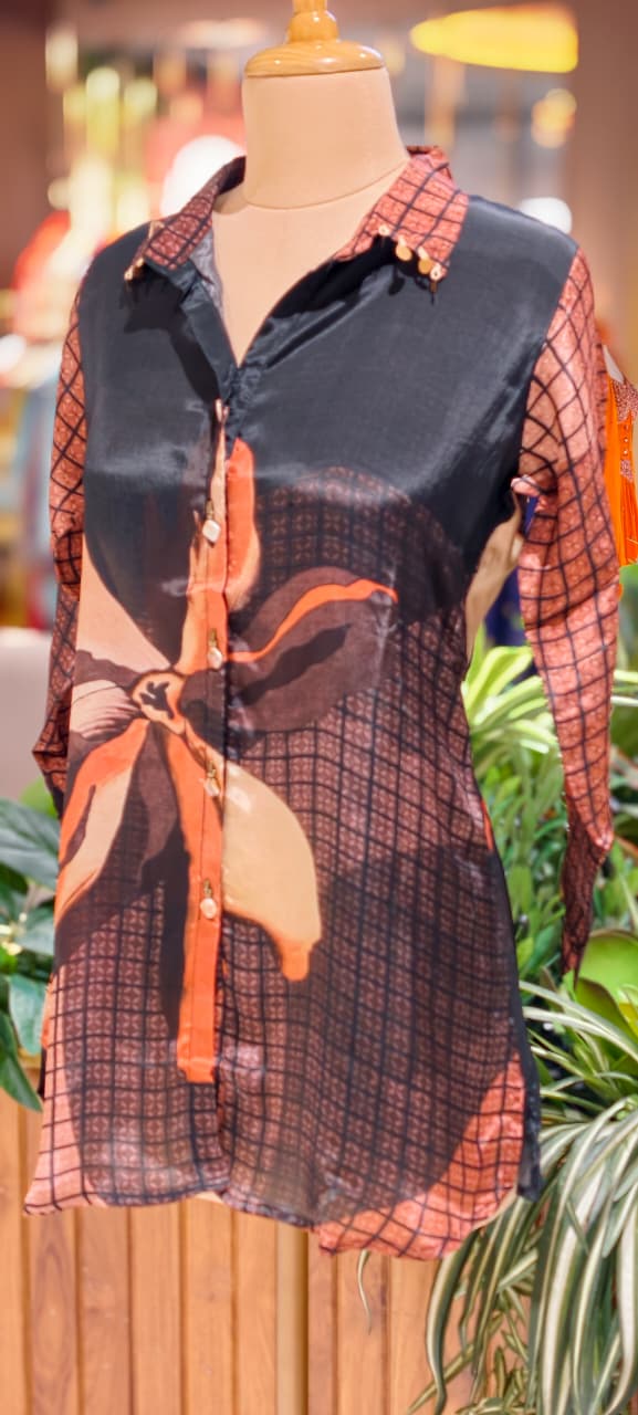 Classy Print Stunning Casual Crepe Shirt With Stylish Button & Coin Tassel-14381,87,82 W136