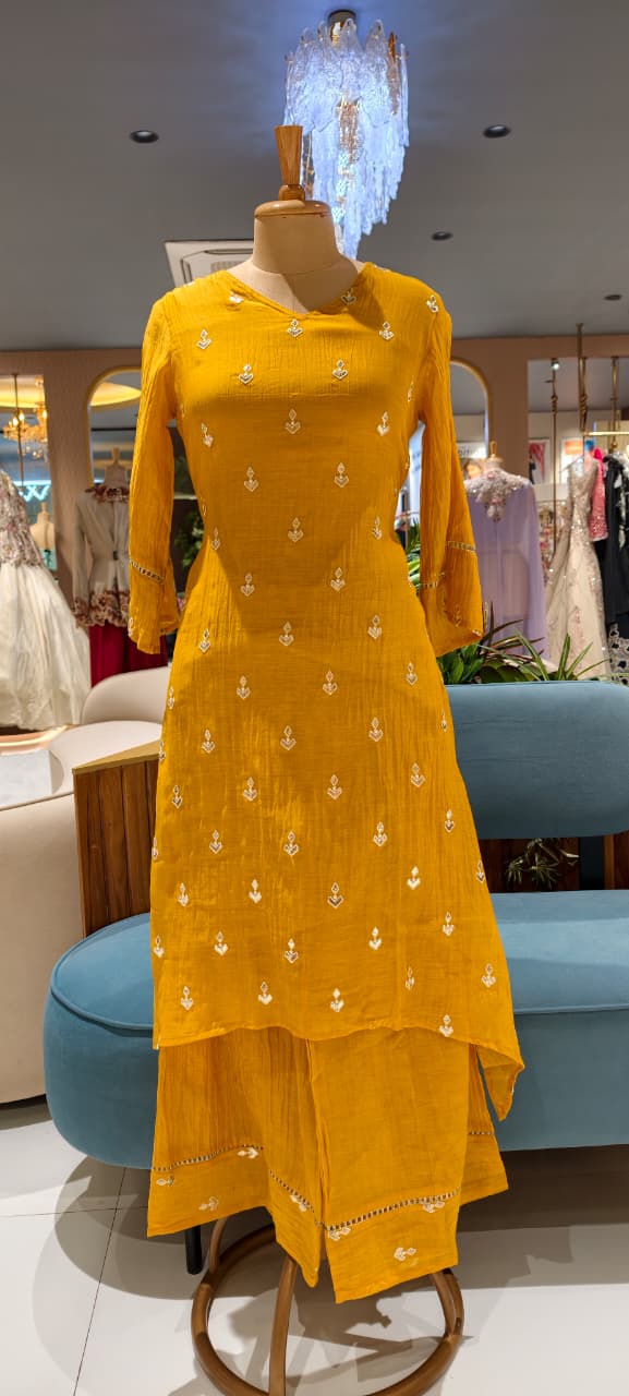 Pure Banarasi Mul Chanderi Golden Inticate Spread Work A-Line Kurta Pant Set- 14300 W138