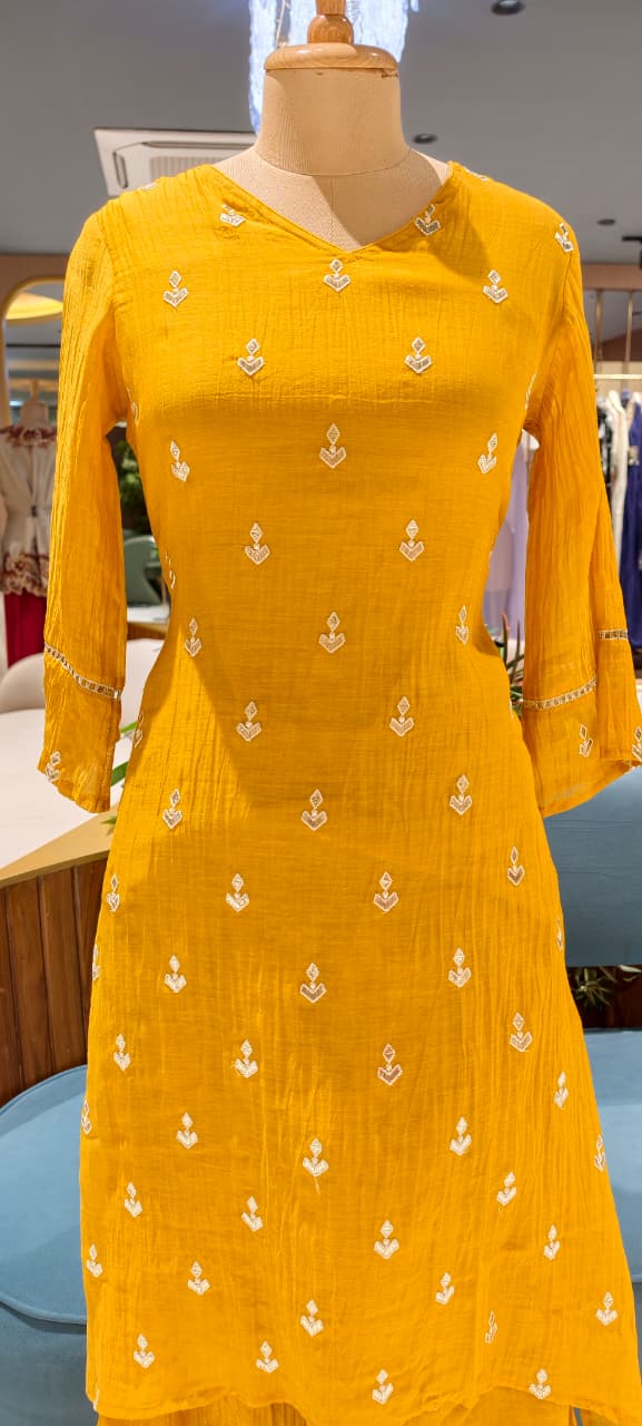 Pure Banarasi Mul Chanderi Golden Inticate Spread Work A-Line Kurta Pant Set- 14300 W138