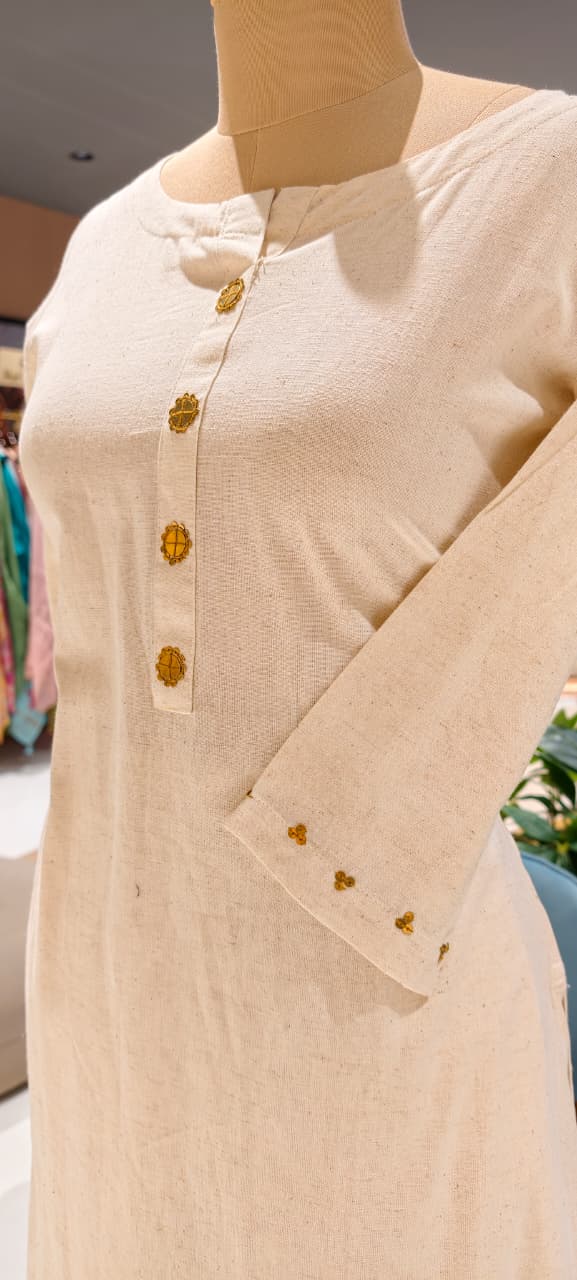 Golden Foil Highlight Jacket Style Solid Straight Kurta Pant Set In Cotton Fabric- 14194 W140