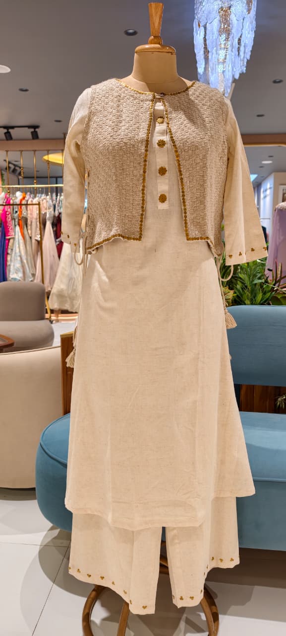 Golden Foil Highlight Jacket Style Solid Straight Kurta Pant Set In Cotton Fabric- 14194 W140