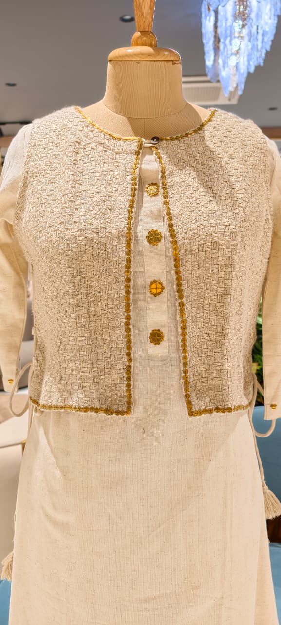 Golden Foil Highlight Jacket Style Solid Straight Kurta Pant Set In Cotton Fabric- 14194 W140