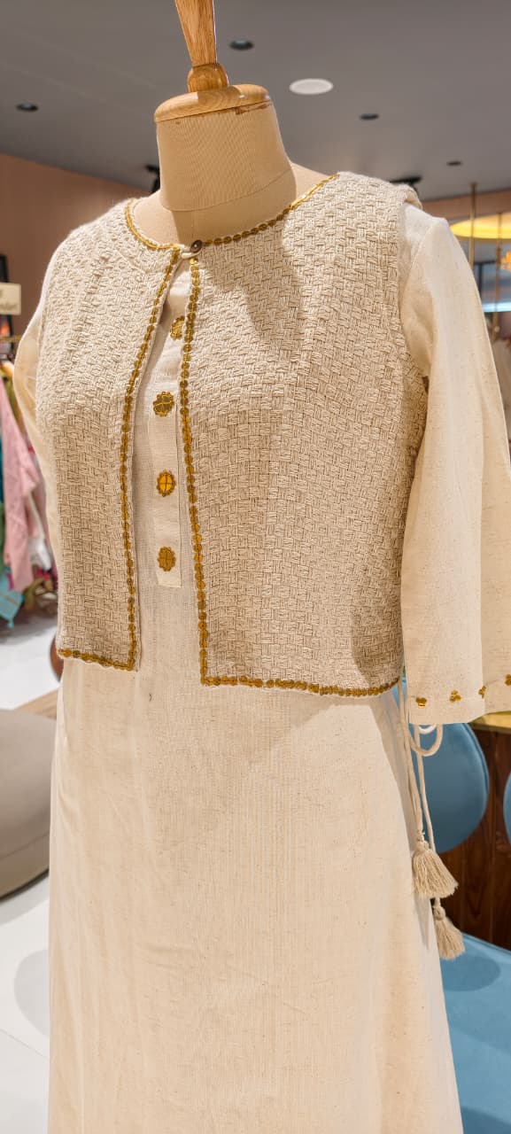 Golden Foil Highlight Jacket Style Solid Straight Kurta Pant Set In Cotton Fabric- 14194 W140