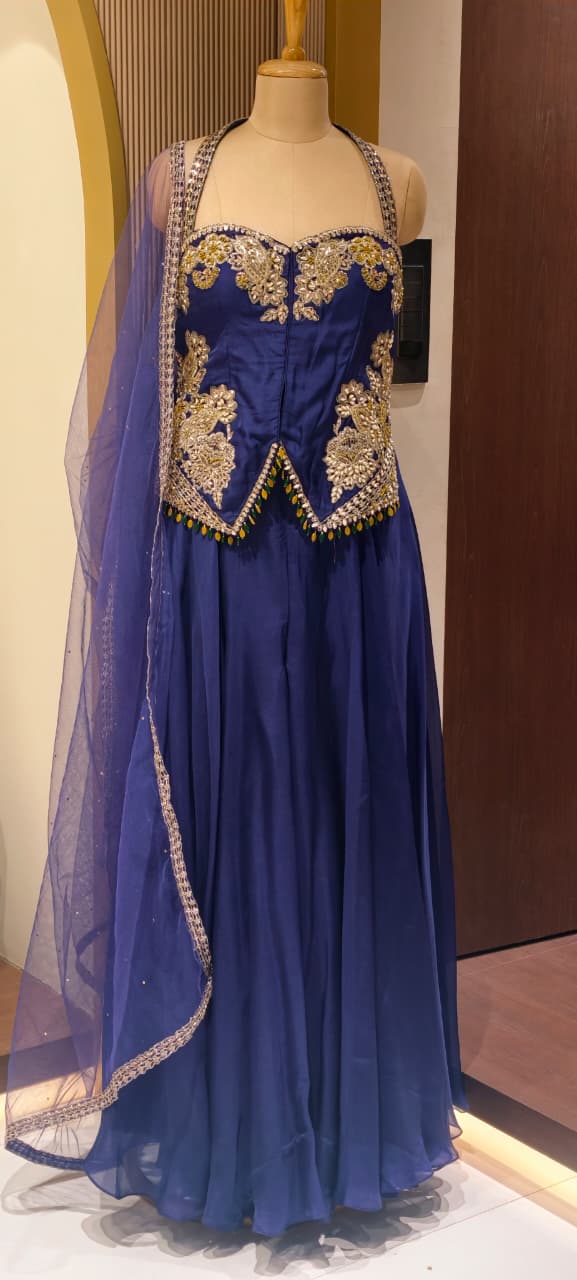 Royal Indigo Hand-Embellished Regal Statement Stunning Scalloped Bodice Indo Wear- 14326 RB333