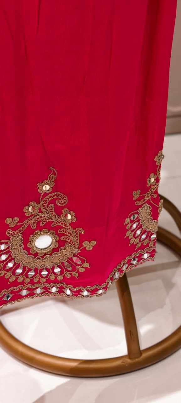 Exquisite Bandhani Crepe Farsi Salwar Kameez Set with Intricate Mirror Work, Zari Embroidery, and Matching Dupatta- 14395