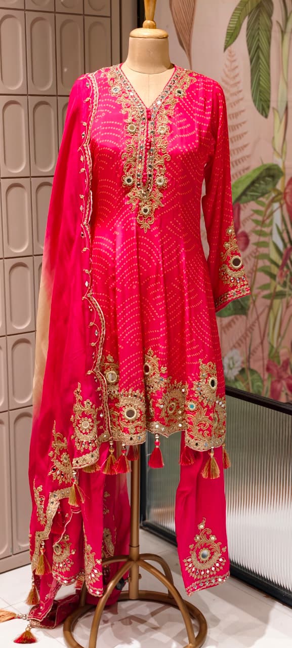 Exquisite Bandhani Crepe Farsi Salwar Kameez Set with Intricate Mirror Work, Zari Embroidery, and Matching Dupatta- 14395