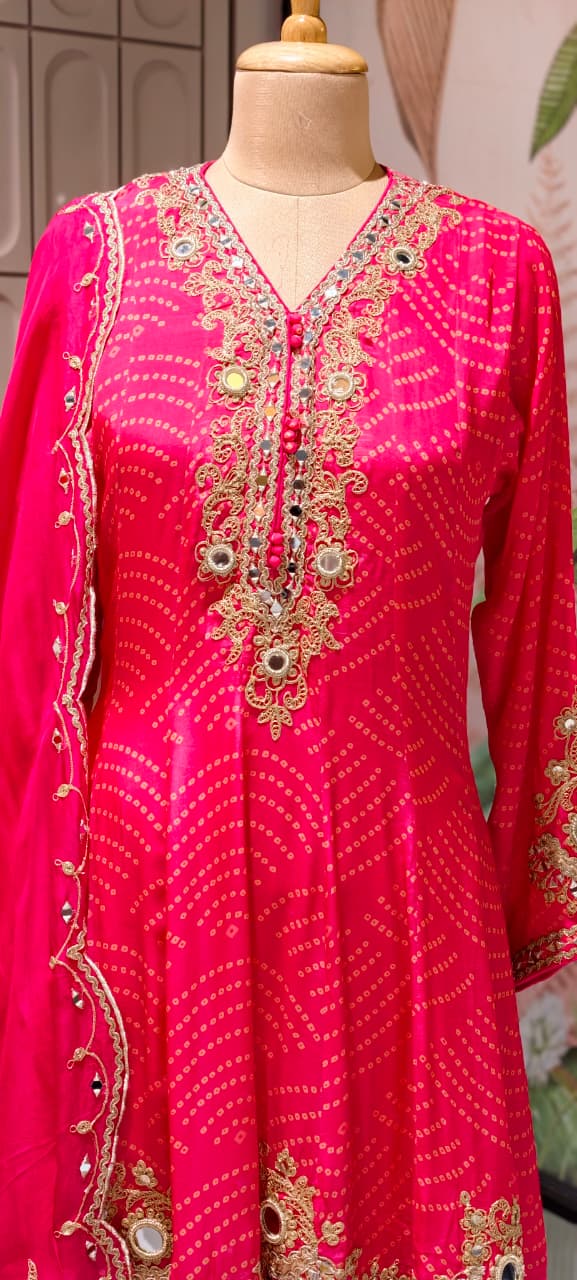 Exquisite Bandhani Crepe Farsi Salwar Kameez Set with Intricate Mirror Work, Zari Embroidery, and Matching Dupatta- 14395