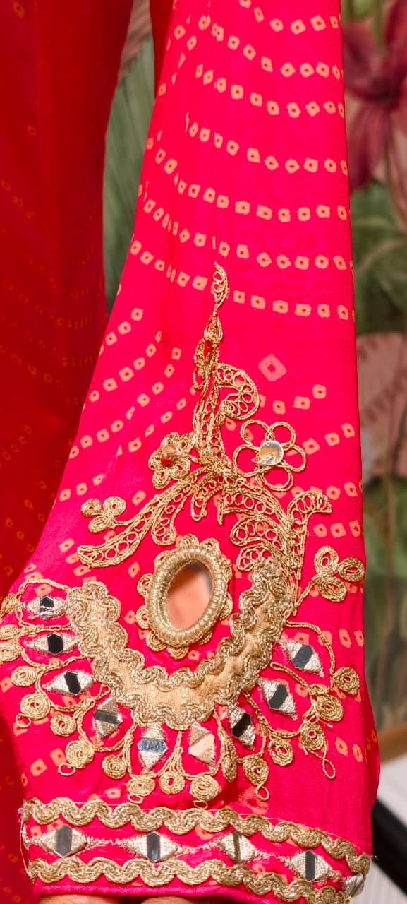 Exquisite Bandhani Crepe Farsi Salwar Kameez Set with Intricate Mirror Work, Zari Embroidery, and Matching Dupatta- 14395