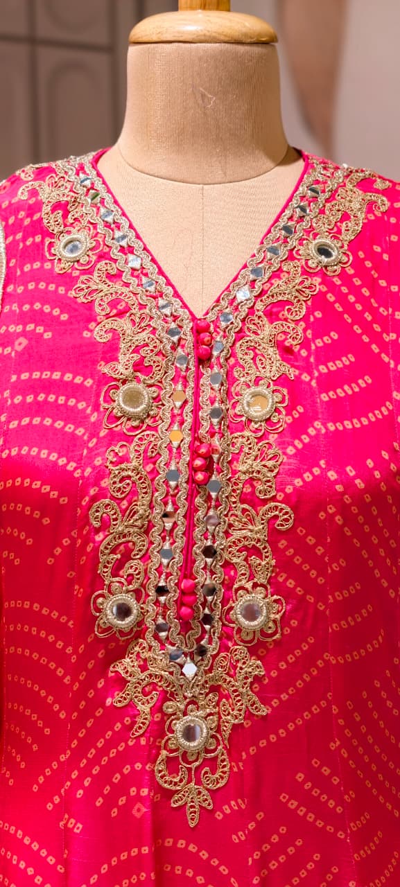 Exquisite Bandhani Crepe Farsi Salwar Kameez Set with Intricate Mirror Work, Zari Embroidery, and Matching Dupatta- 14395