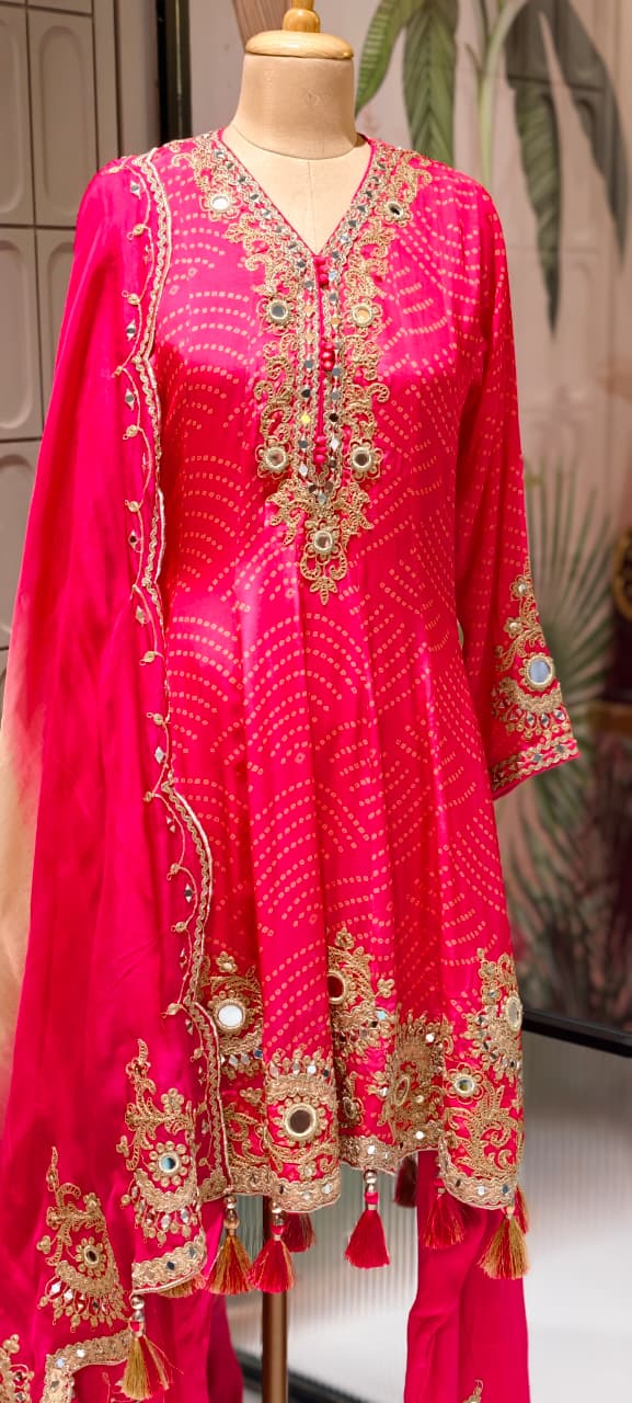 Exquisite Bandhani Crepe Farsi Salwar Kameez Set with Intricate Mirror Work, Zari Embroidery, and Matching Dupatta- 14395