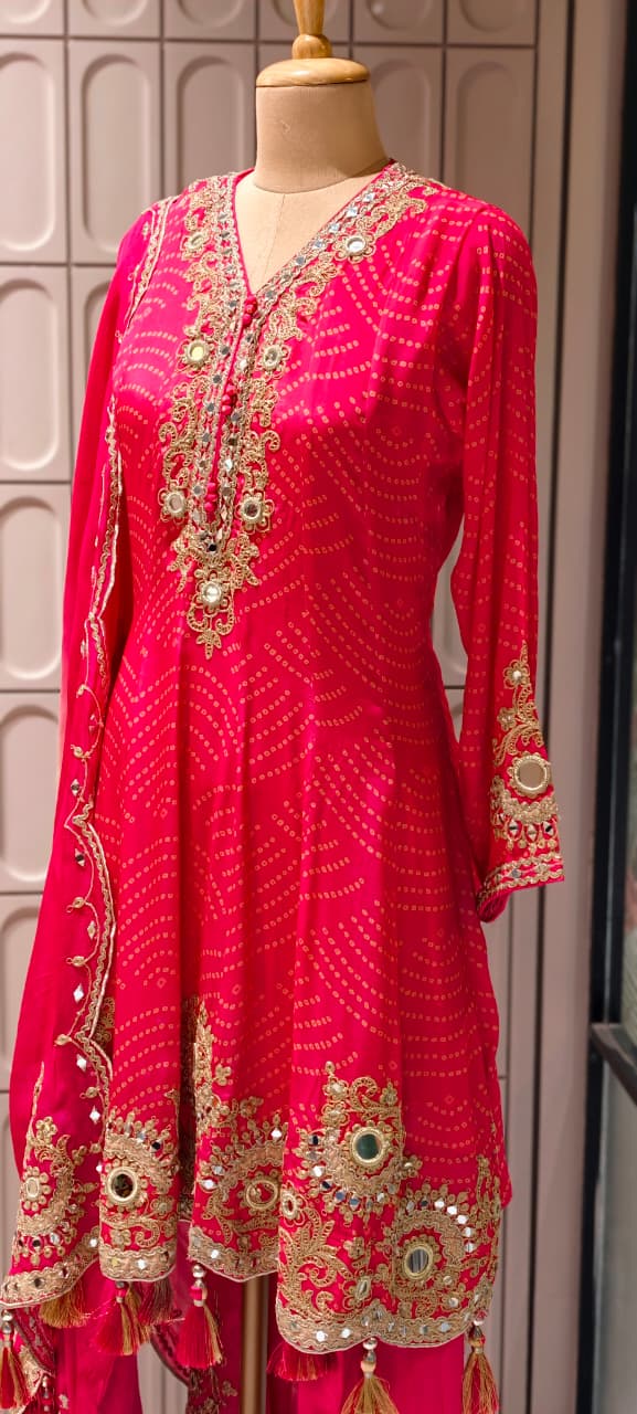 Exquisite Bandhani Crepe Farsi Salwar Kameez Set with Intricate Mirror Work, Zari Embroidery, and Matching Dupatta- 14395