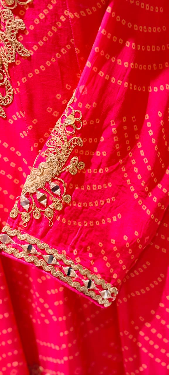 Exquisite Bandhani Crepe Farsi Salwar Kameez Set with Intricate Mirror Work, Zari Embroidery, and Matching Dupatta- 14395