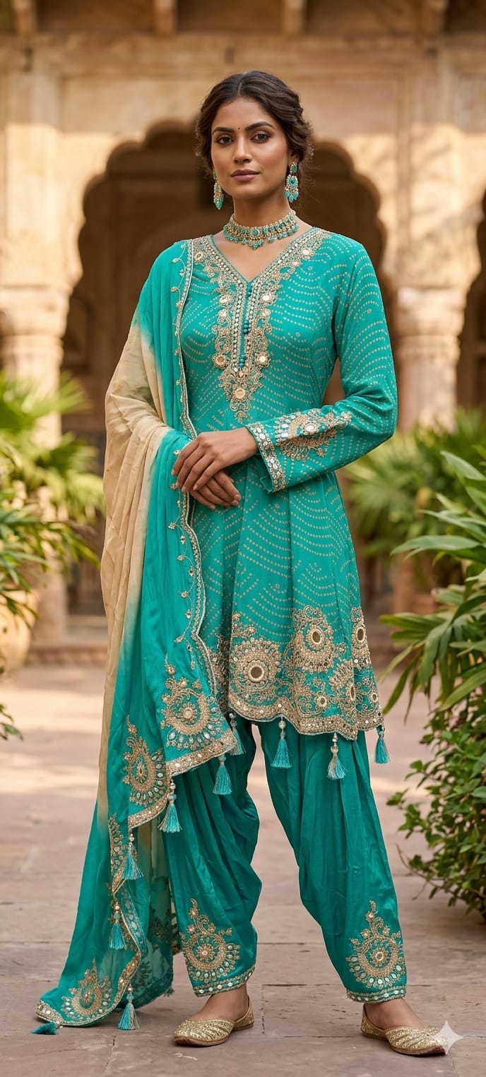 Exquisite Bandhani Crepe Farsi Salwar Kameez Set with Intricate Mirror Work, Zari Embroidery, and Matching Dupatta- 14395
