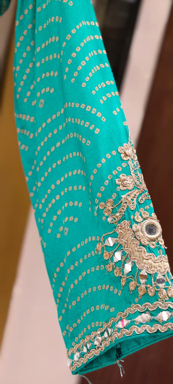 Exquisite Bandhani Crepe Farsi Salwar Kameez Set with Intricate Mirror Work, Zari Embroidery, and Matching Dupatta- 14395