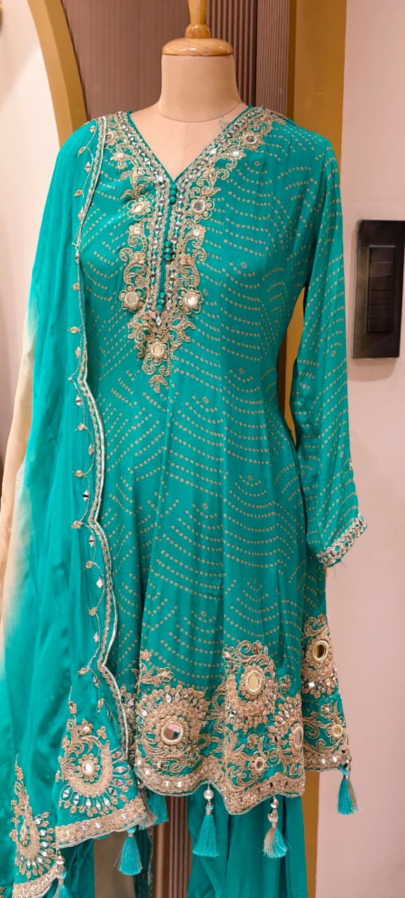 Exquisite Bandhani Crepe Farsi Salwar Kameez Set with Intricate Mirror Work, Zari Embroidery, and Matching Dupatta- 14395