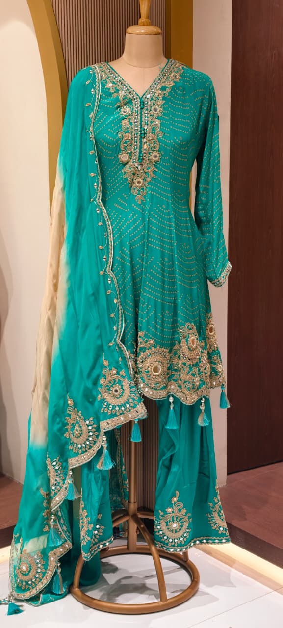 Exquisite Bandhani Crepe Farsi Salwar Kameez Set with Intricate Mirror Work, Zari Embroidery, and Matching Dupatta- 14395