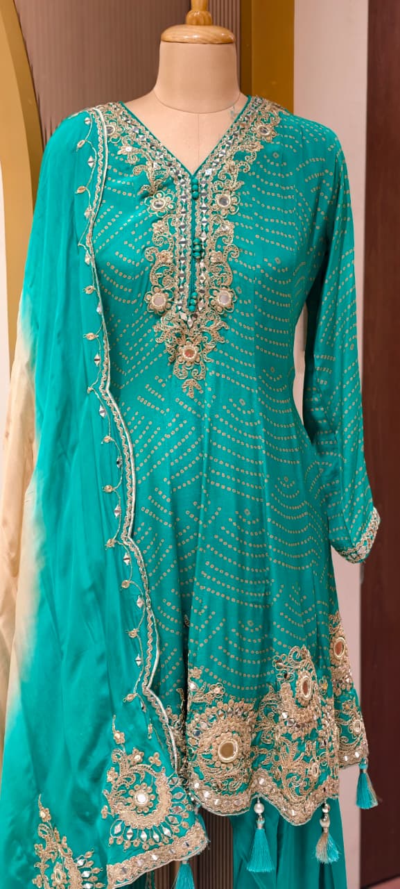 Exquisite Bandhani Crepe Farsi Salwar Kameez Set with Intricate Mirror Work, Zari Embroidery, and Matching Dupatta- 14395