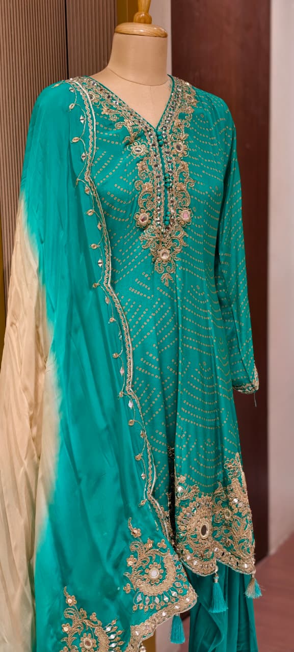 Exquisite Bandhani Crepe Farsi Salwar Kameez Set with Intricate Mirror Work, Zari Embroidery, and Matching Dupatta- 14395