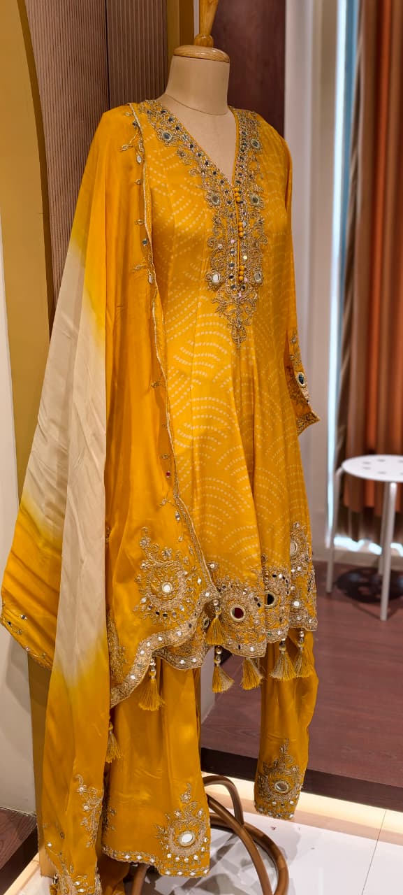 Exquisite Bandhani Crepe Farsi Salwar Kameez Set with Intricate Mirror Work, Zari Embroidery, and Matching Dupatta- 14395