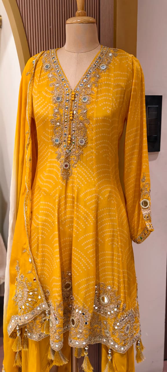 Exquisite Bandhani Crepe Farsi Salwar Kameez Set with Intricate Mirror Work, Zari Embroidery, and Matching Dupatta- 14395