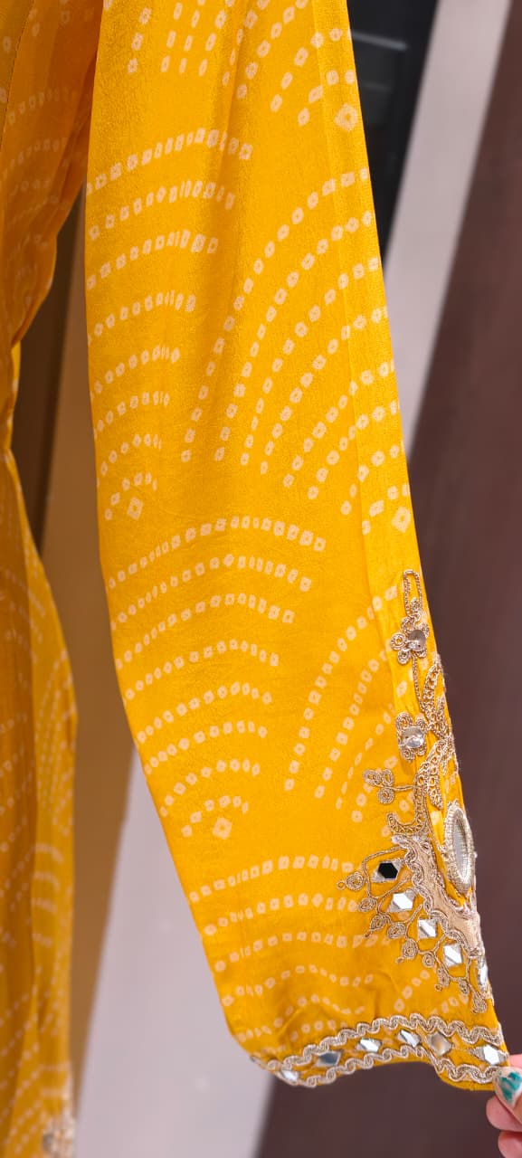 Exquisite Bandhani Crepe Farsi Salwar Kameez Set with Intricate Mirror Work, Zari Embroidery, and Matching Dupatta- 14395