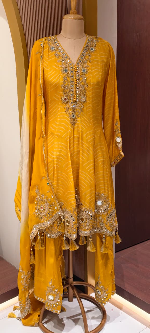 Exquisite Bandhani Crepe Farsi Salwar Kameez Set with Intricate Mirror Work, Zari Embroidery, and Matching Dupatta- 14395