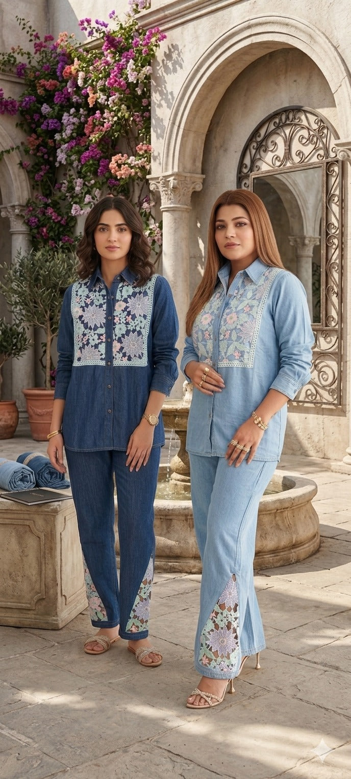 Boho-Chic Denim Co-ord Set with Pastel Floral Lace Appliqué- 14517 (LEAN FIT) W157
