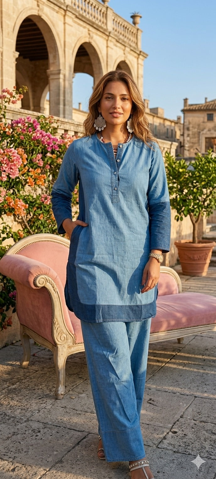 Modern Dual-Tone Denim Farsi Bottom Co-ord Set with Contemporary Buttoned Detailing- 14520 W155
