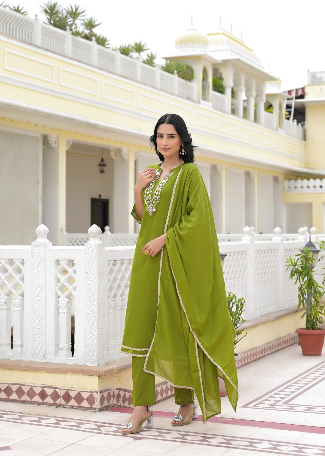 Royal Mirror Festive Glow Ensemble A-Line Mul-Cotton Full Suit Set With Dupatta- 14534 W161