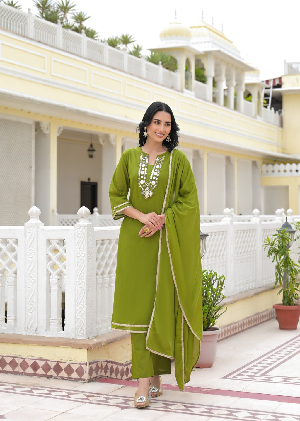 Royal Mirror Festive Glow Ensemble A-Line Mul-Cotton Full Suit Set With Dupatta- 14534 W161