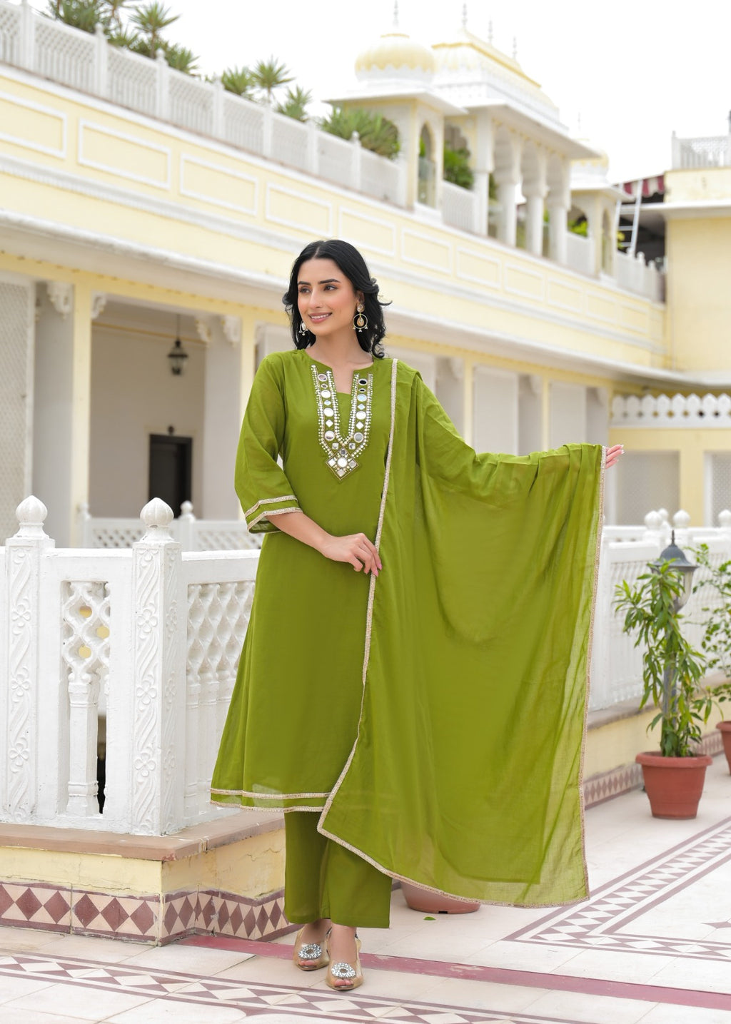Royal Mirror Festive Glow Ensemble A-Line Mul-Cotton Full Suit Set With Dupatta- 14534 W161