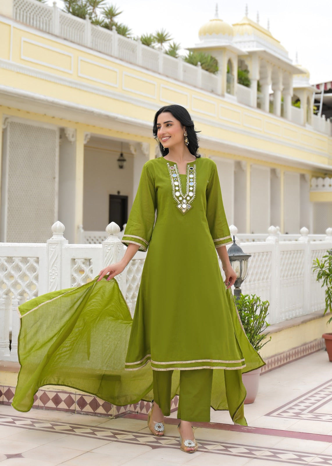 Royal Mirror Festive Glow Ensemble A-Line Mul-Cotton Full Suit Set With Dupatta- 14534 W161