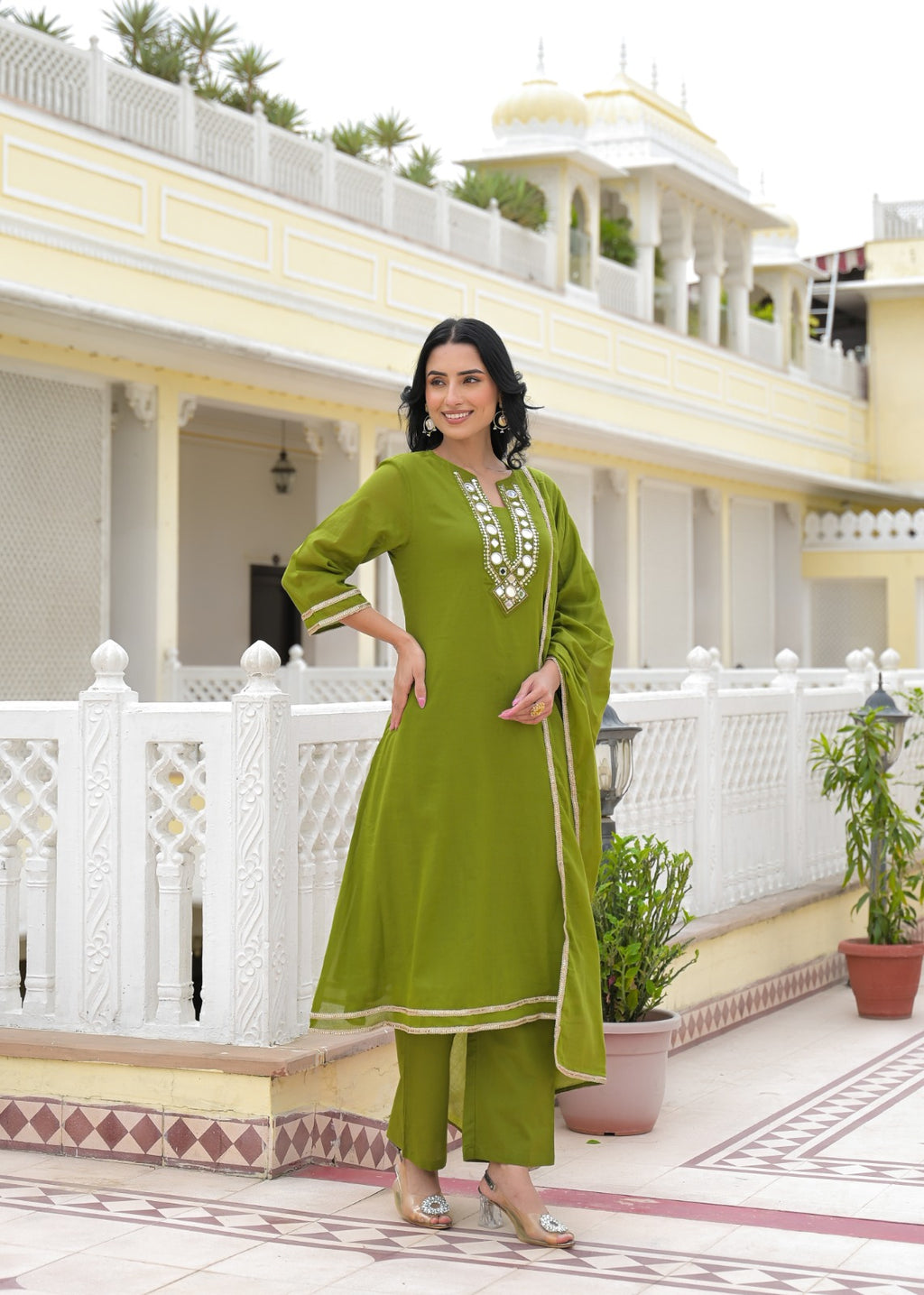 Royal Mirror Festive Glow Ensemble A-Line Mul-Cotton Full Suit Set With Dupatta- 14534 W161