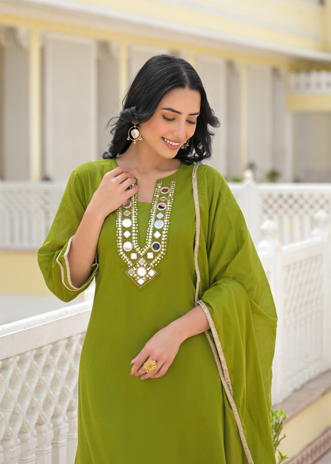 Royal Mirror Festive Glow Ensemble A-Line Mul-Cotton Full Suit Set With Dupatta- 14534 W161