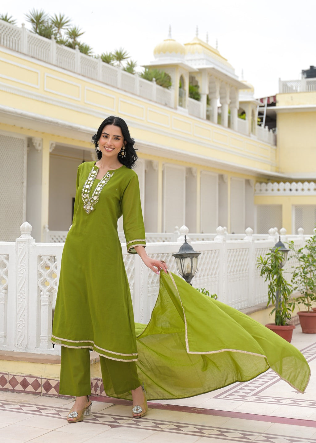 Royal Mirror Festive Glow Ensemble A-Line Mul-Cotton Full Suit Set With Dupatta- 14534 W161