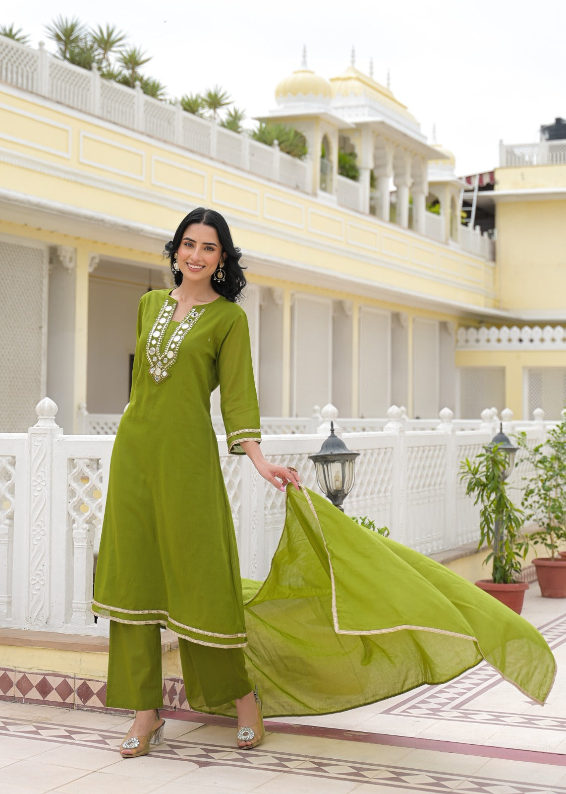 Royal Mirror Festive Glow Ensemble A-Line Mul-Cotton Full Suit Set With Dupatta- 14534 W161