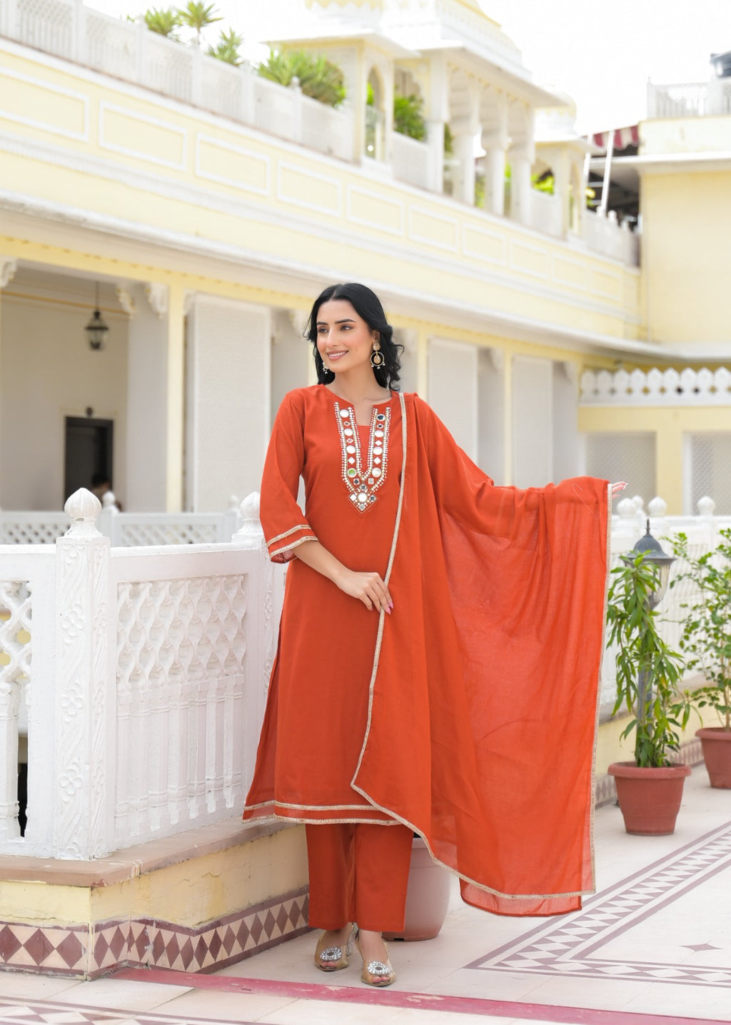 Royal Mirror Festive Glow Ensemble A-Line Mul-Cotton Full Suit Set With Dupatta- 14534 W161