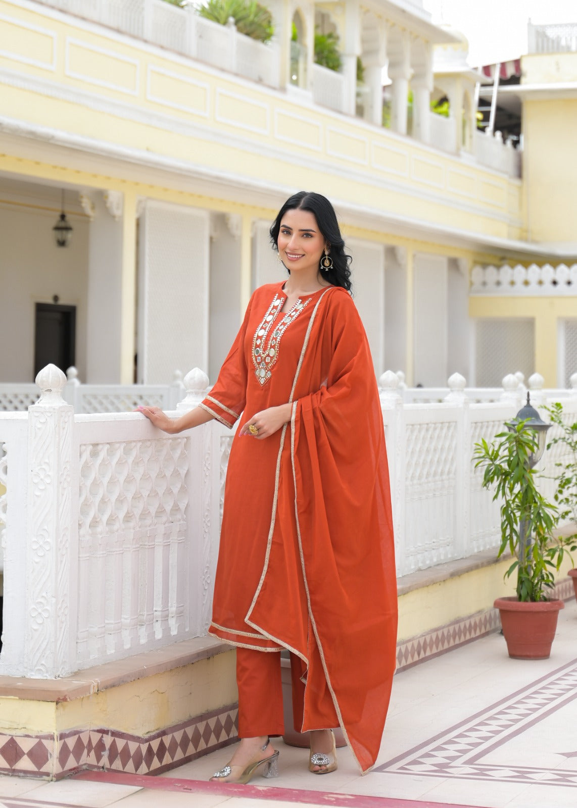 Royal Mirror Festive Glow Ensemble A-Line Mul-Cotton Full Suit Set With Dupatta- 14534 W161