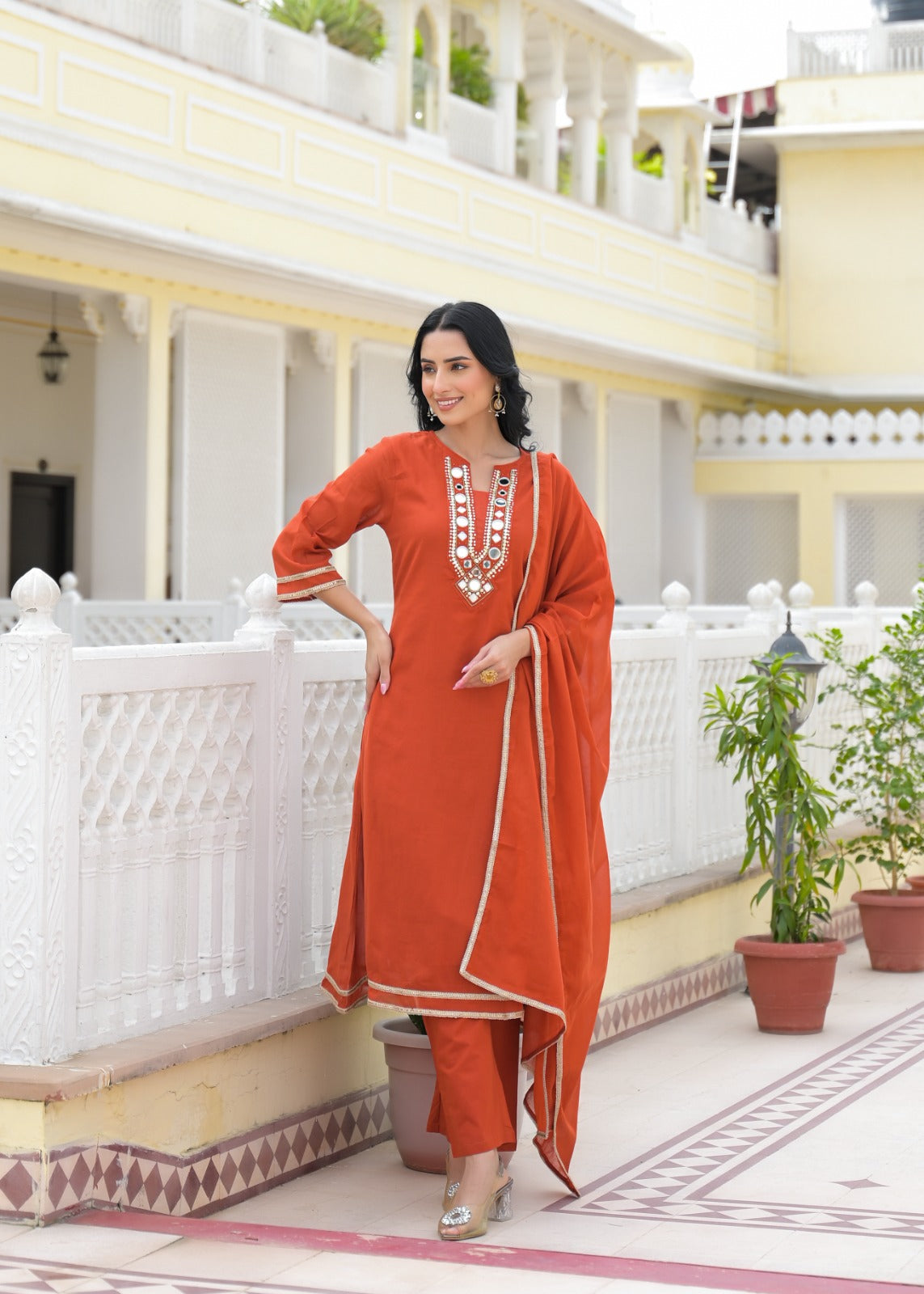 Royal Mirror Festive Glow Ensemble A-Line Mul-Cotton Full Suit Set With Dupatta- 14534 W161