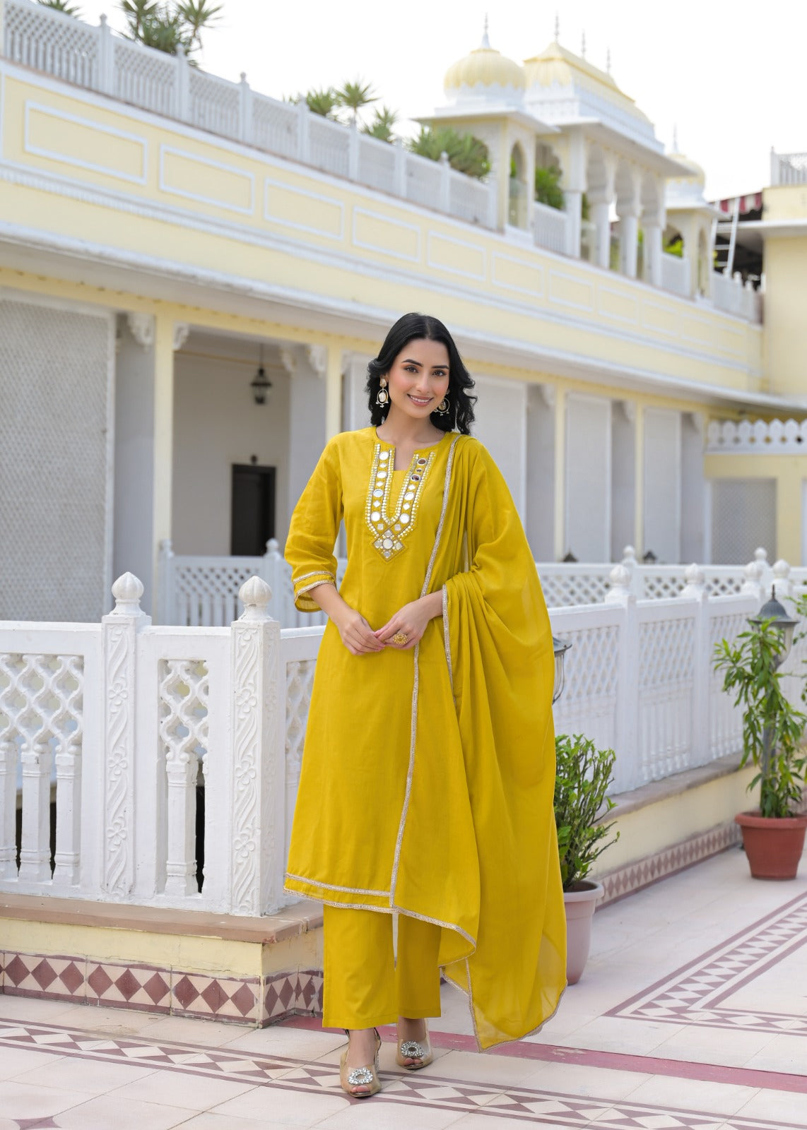 Royal Mirror Festive Glow Ensemble A-Line Mul-Cotton Full Suit Set With Dupatta- 14534 W161