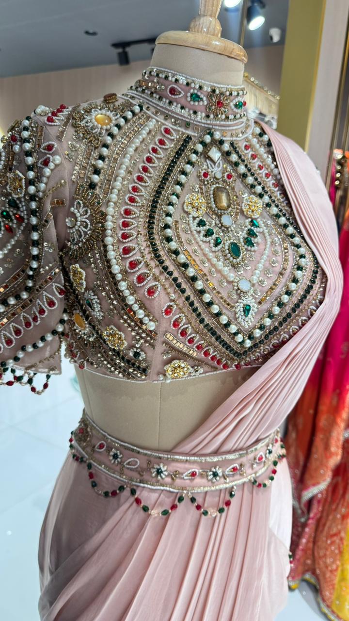 Elegant Pre-Draped Partywear Luxury Hand-Embroidered Designer Saree with Heavy Stone & Zardosi Work Blouse- 14525 W162