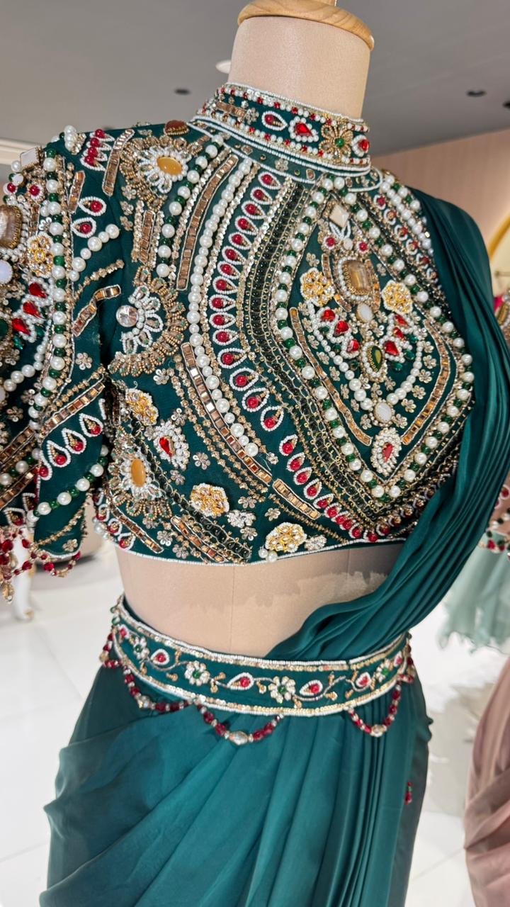 Elegant Pre-Draped Partywear Luxury Hand-Embroidered Designer Saree with Heavy Stone & Zardosi Work Blouse- 14525 W162
