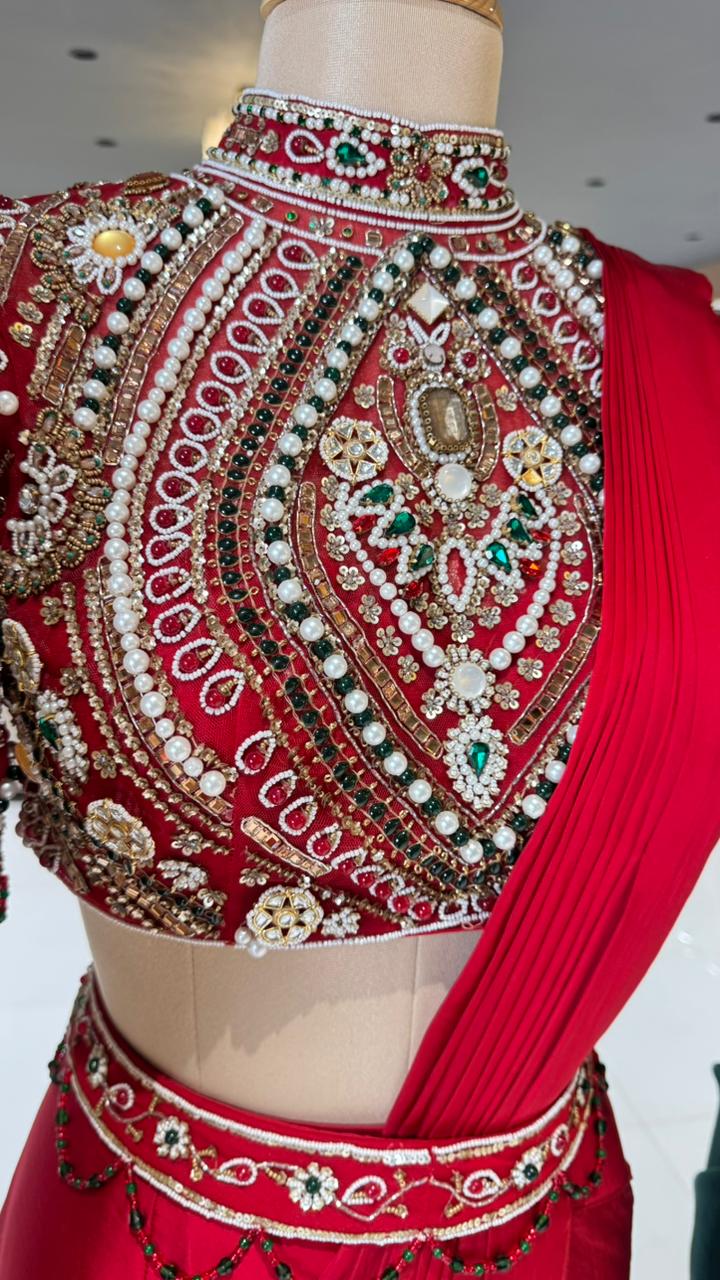 Elegant Pre-Draped Partywear Luxury Hand-Embroidered Designer Saree with Heavy Stone & Zardosi Work Blouse- 14525 W162